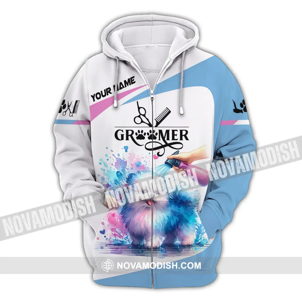 Unisex Shirt Custom Name Groomer Grooming T-Shirt Pet Apparel Zipper Hoodie / S
