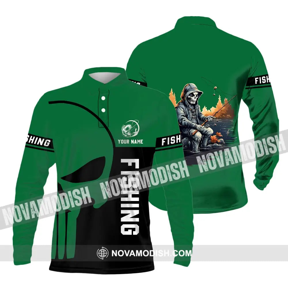 Unisex Shirt - Custom Name Hook Fishing Skeleton Shirt Long Sleeve Polo / S T-shirt