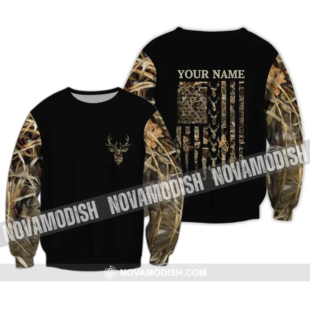 Unisex Shirt - Custom Name Shirt - Hunting Shirt Hunting Name - Deer Hunting Camo American Flag Long Sleeve / S T-shirt