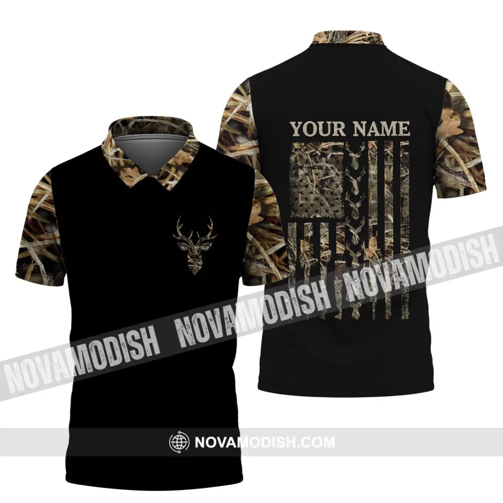 Unisex Shirt - Custom Name Shirt - Hunting Shirt Hunting Name - Deer Hunting Camo American Flag Polo Shirt / S T-shirt