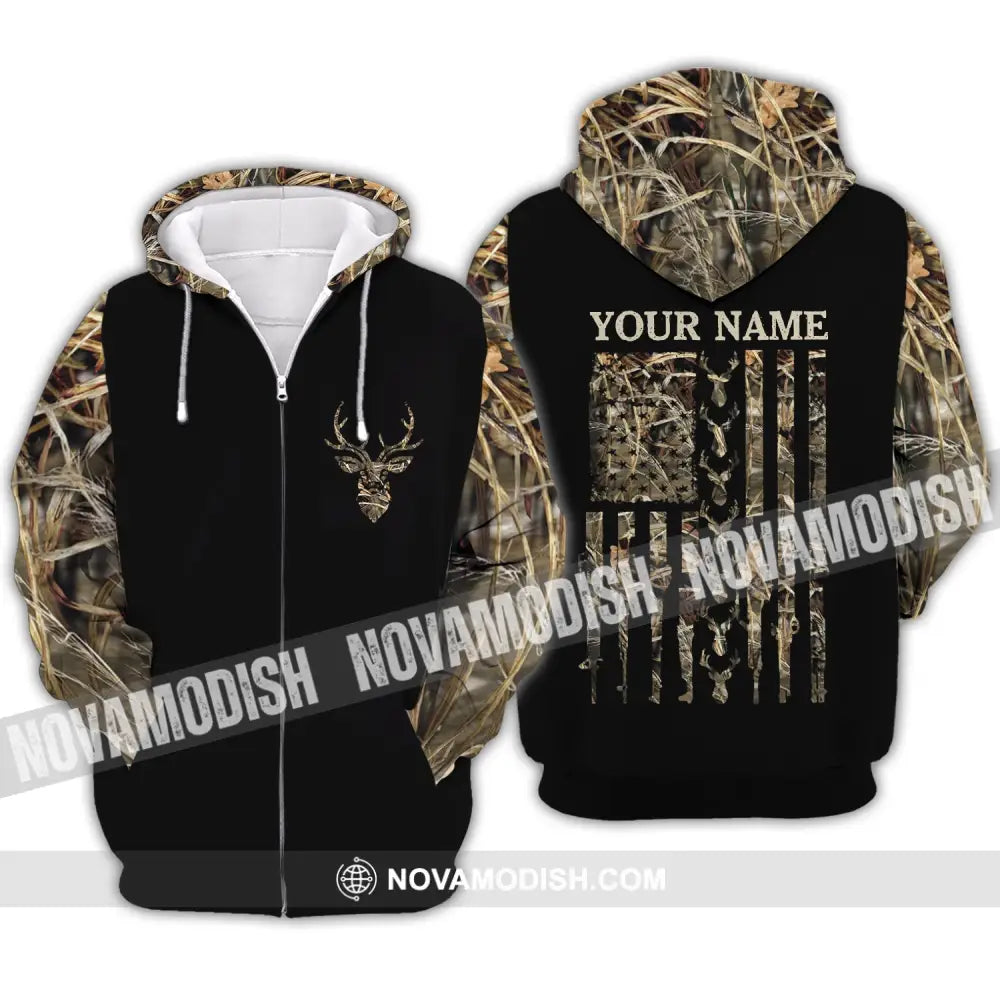 Unisex Shirt - Custom Name Shirt - Hunting Shirt Hunting Name - Deer Hunting Camo American Flag Zipper Hoodie / S