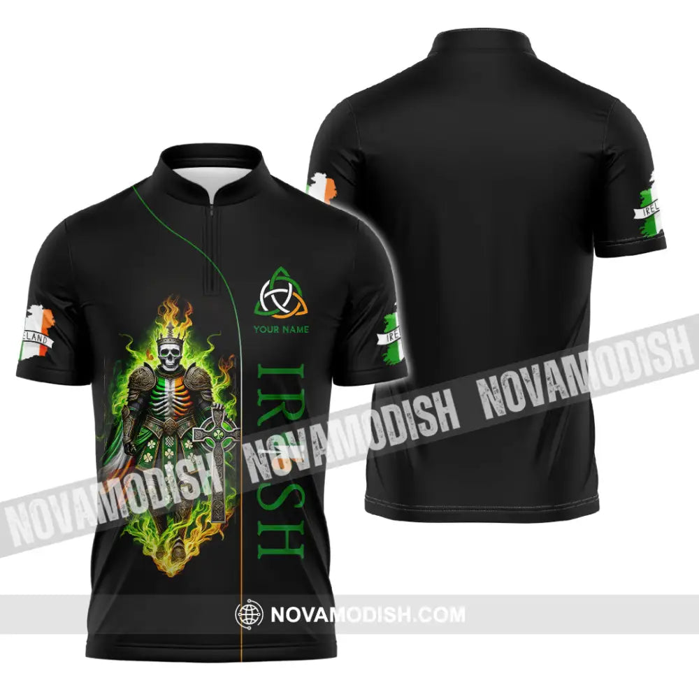 Unisex Shirt Custom Name Ireland Irish Polo Long Sleeve Zipper / S T-Shirt