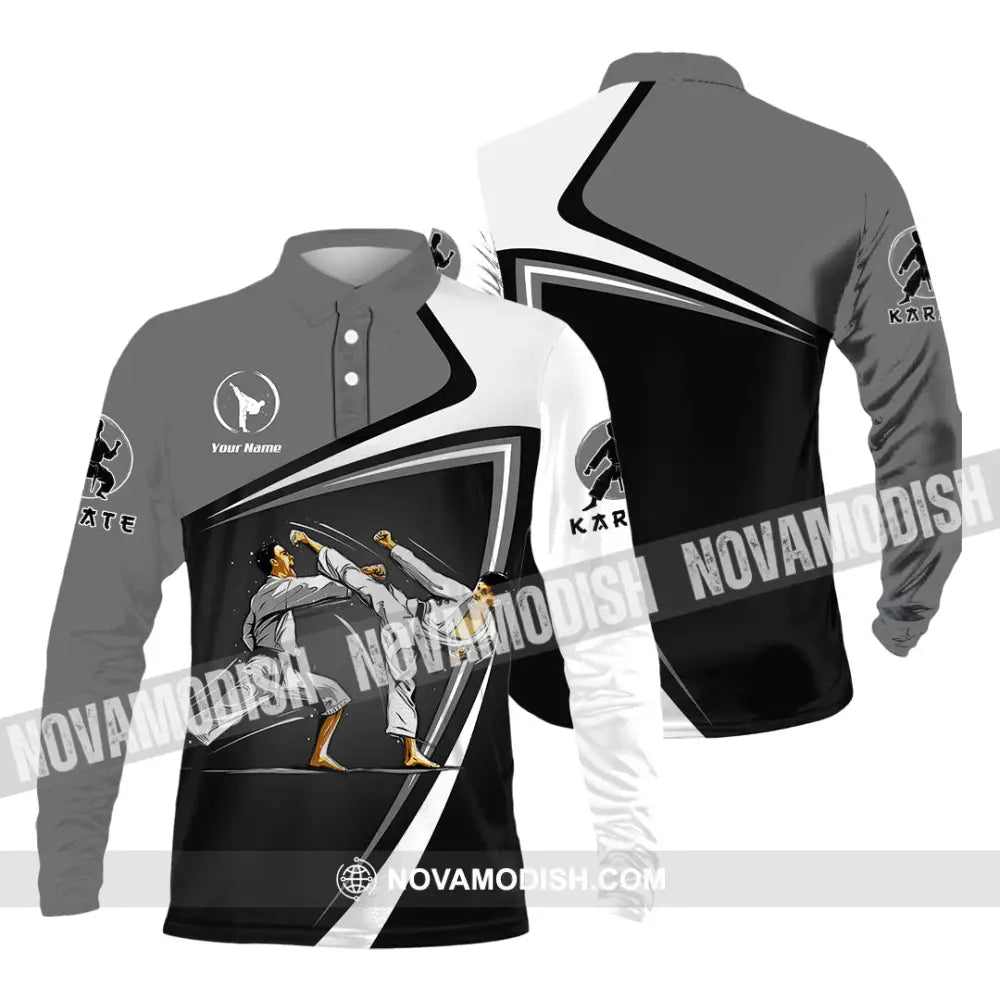 Unisex Shirt - Custom Name Karate Sport Shirt Grey Fighter Long Sleeve Polo / S T-shirt