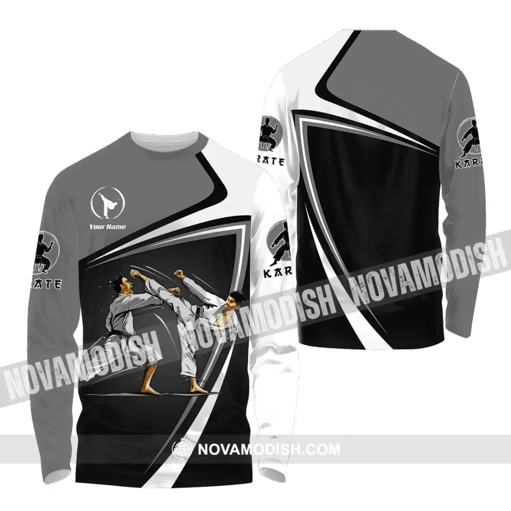 Unisex Shirt - Custom Name Karate Sport Shirt Grey Fighter Long Sleeve Shirt / S T-shirt