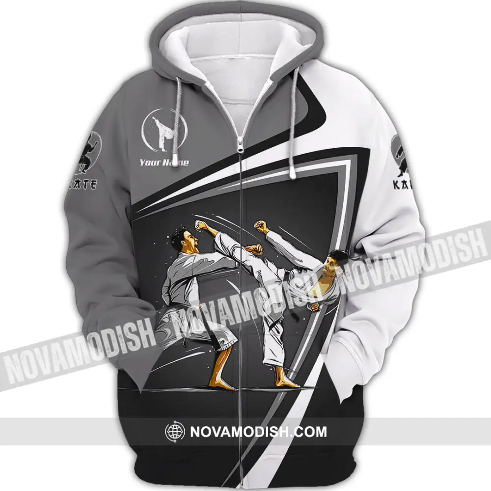 Unisex Shirt - Custom Name Karate Sport Shirt Grey Fighter Zipper Hoodie / S T-shirt