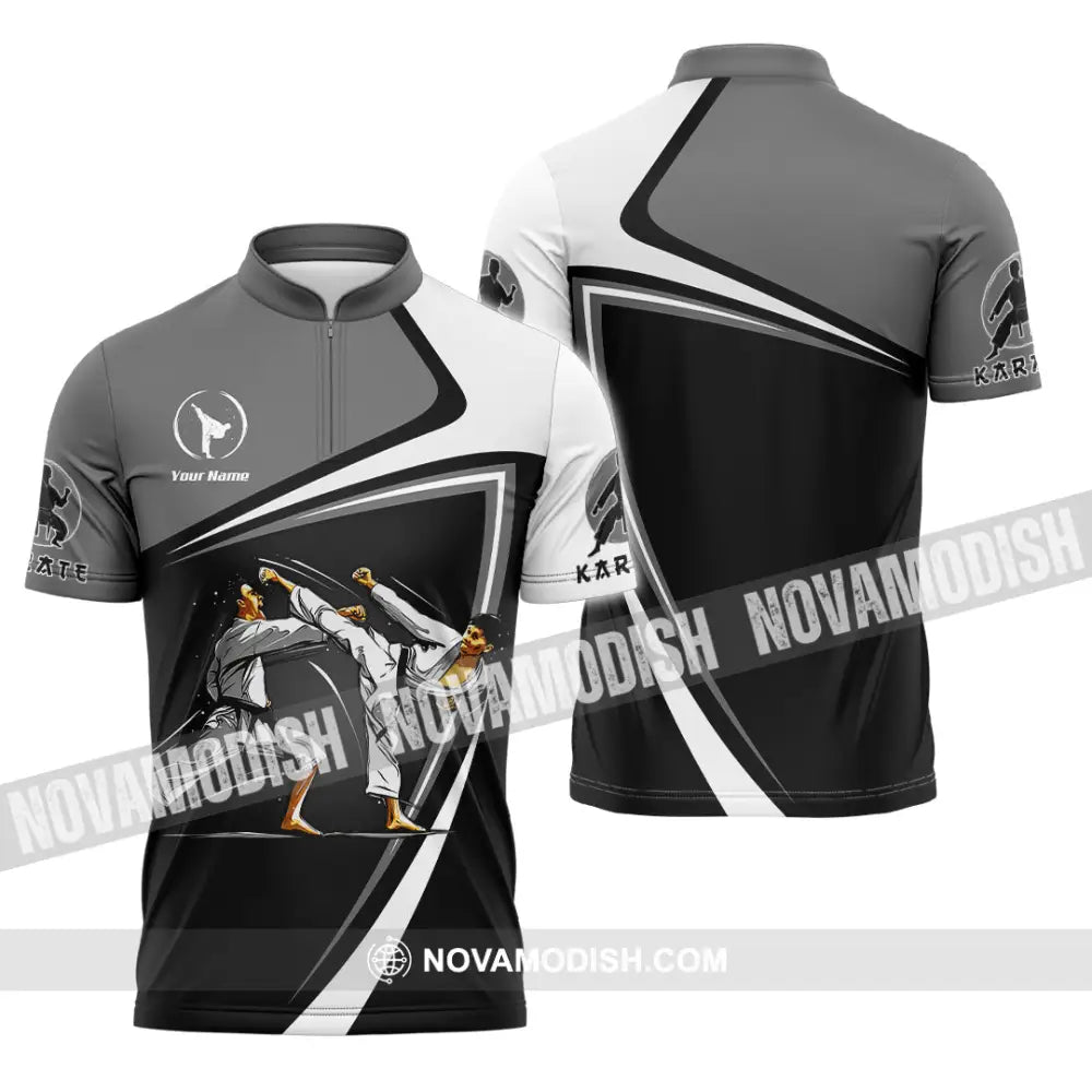 Unisex Shirt - Custom Name Karate Sport Shirt Grey Fighter Zipper Polo Shirt / S T-shirt