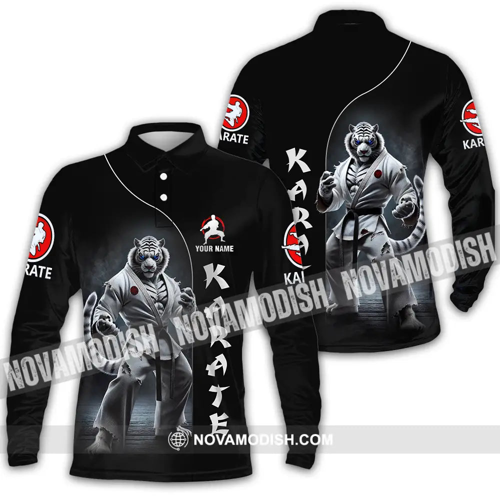 Unisex Shirt - Custom Name Karate Shirt White Tiger Long Sleeve Polo / S T-shirt