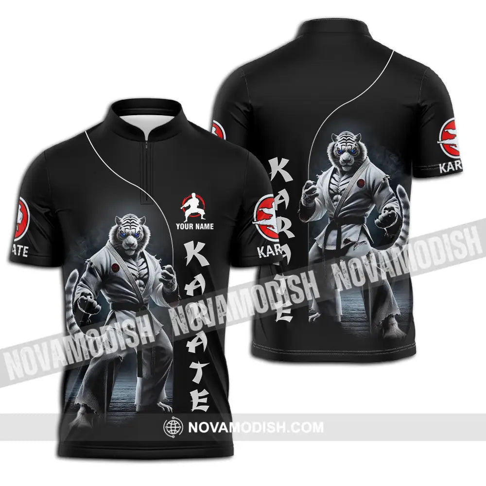 Unisex Shirt - Custom Name Karate Shirt White Tiger Zipper Polo Shirt / S T-shirt