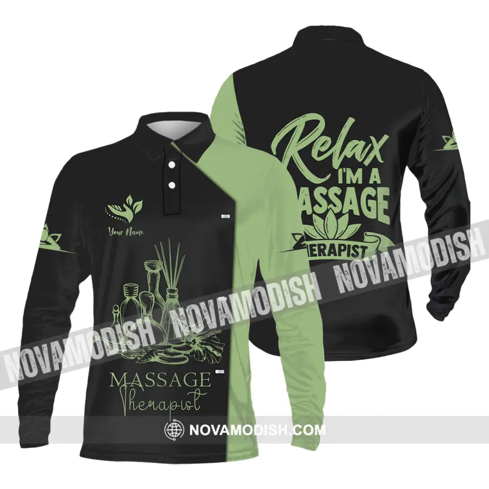 Unisex Shirt - Custom Name Massage Therapist Shirt Green Tea Long Sleeve Polo / S T-shirt