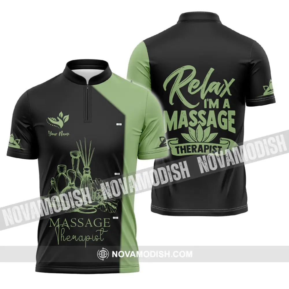 Unisex Shirt - Custom Name Massage Therapist Shirt Green Tea Zipper Polo Shirt / S T-shirt