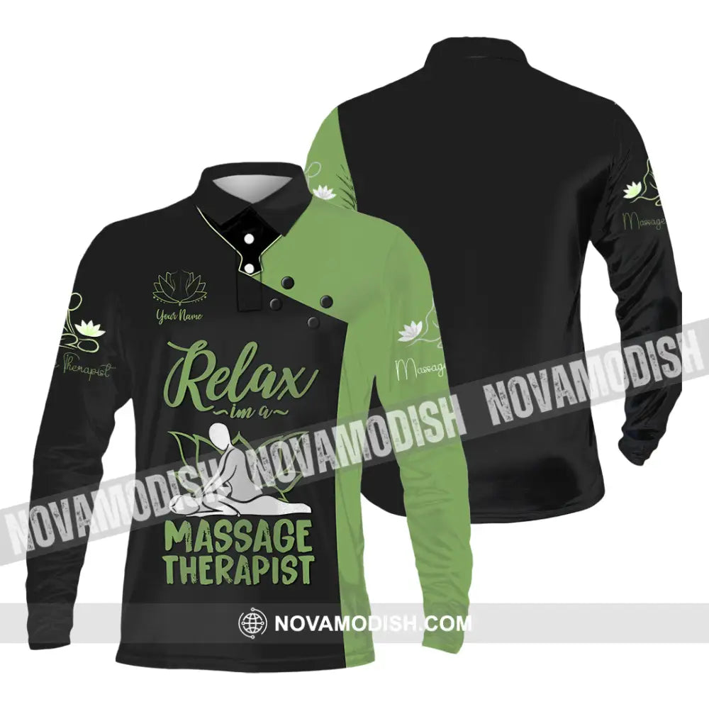 Unisex Shirt - Custom Name Massage Therapist Shirt Green Massage Tools Long Sleeve Polo / S T-shirt