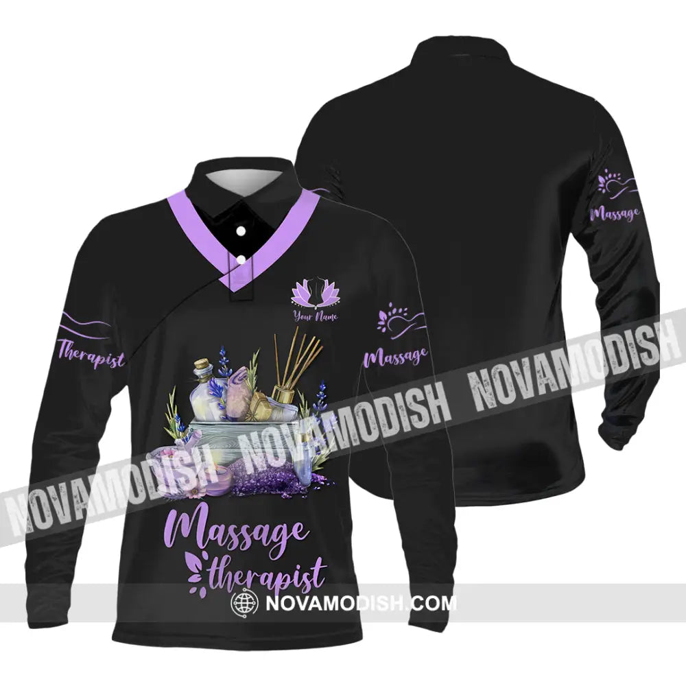 Unisex Shirt - Custom Name Massage Therapist Shirt Purple Line Long Sleeve Polo / S T-shirt