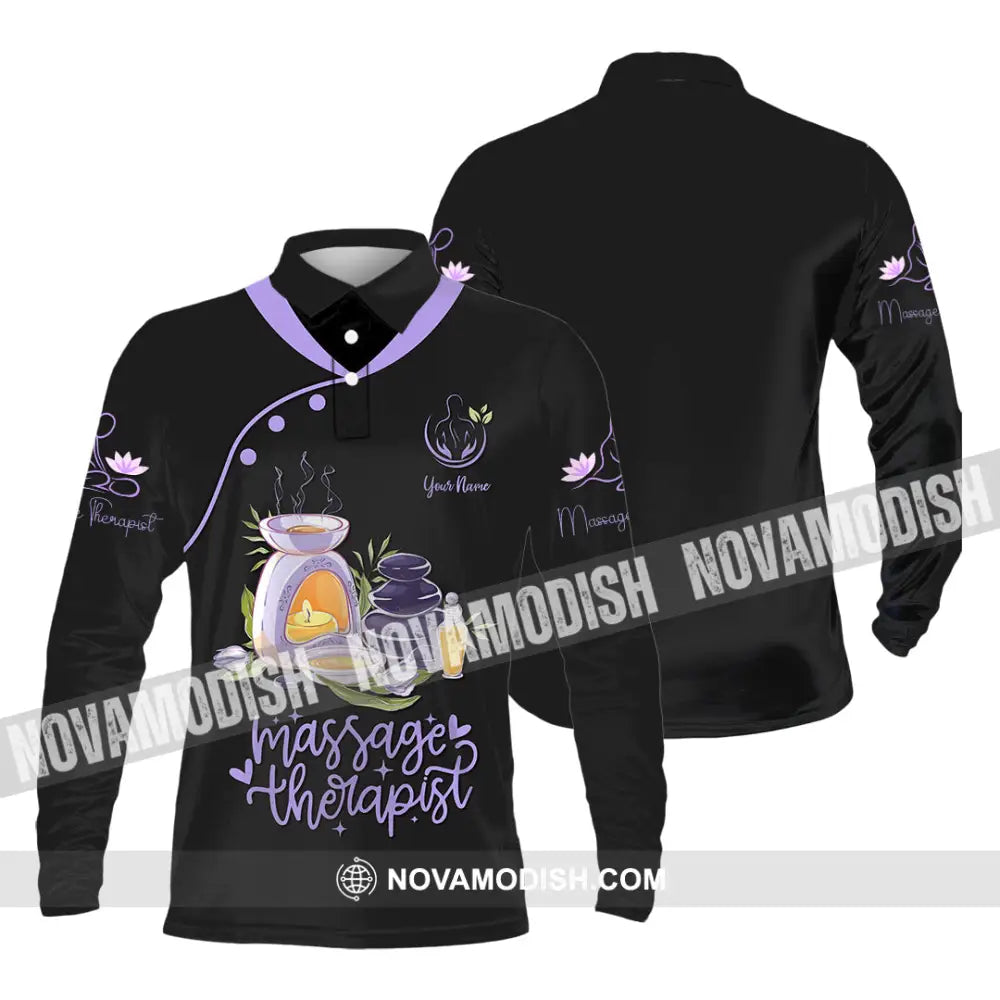 Unisex Shirt - Custom Name Massage Therapist Shirt Purple Massage Tools Long Sleeve Polo / S T-shirt