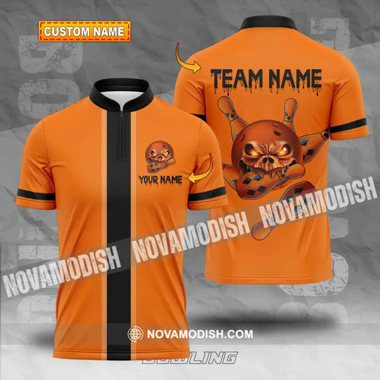 Unisex Shirt - Custom Name Shirt Orange Skull Bowling T-shirt