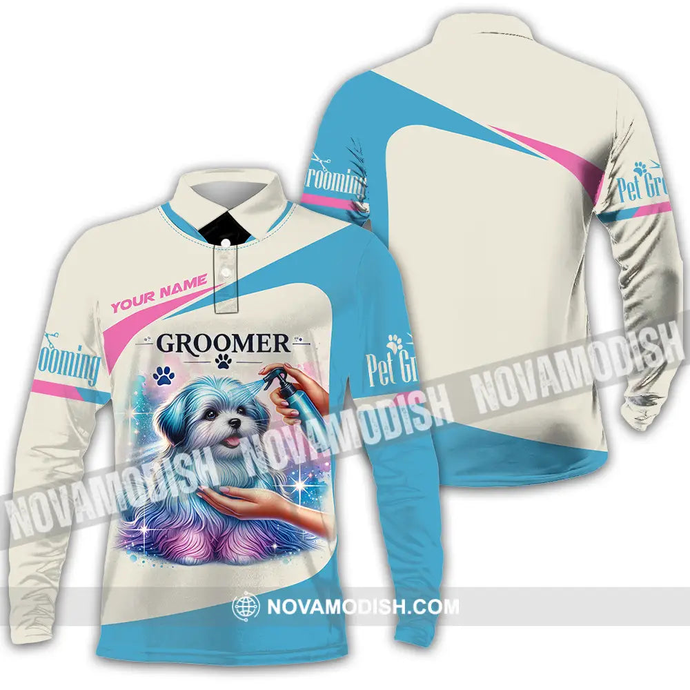 Unisex Shirt - Custom Name Pet Groomer Shirt Long Sleeve Polo / S T-shirt