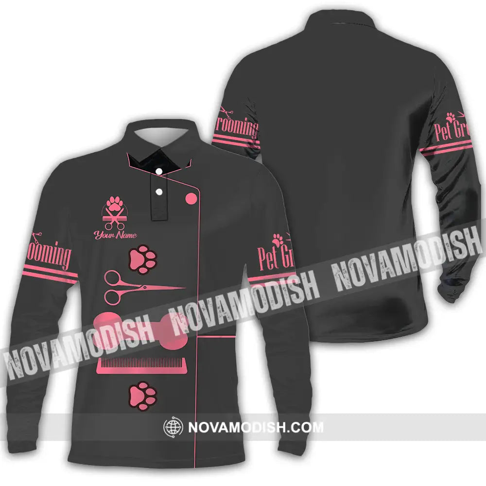 Unisex Shirt - Custom Name Pet Grooming Shirt Long Sleeve Polo / S T-shirt