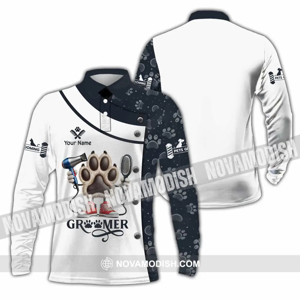 Unisex Shirt Custom Name Pet Grooming Shop T-Shirt Long Sleeve Polo / S T-Shirt