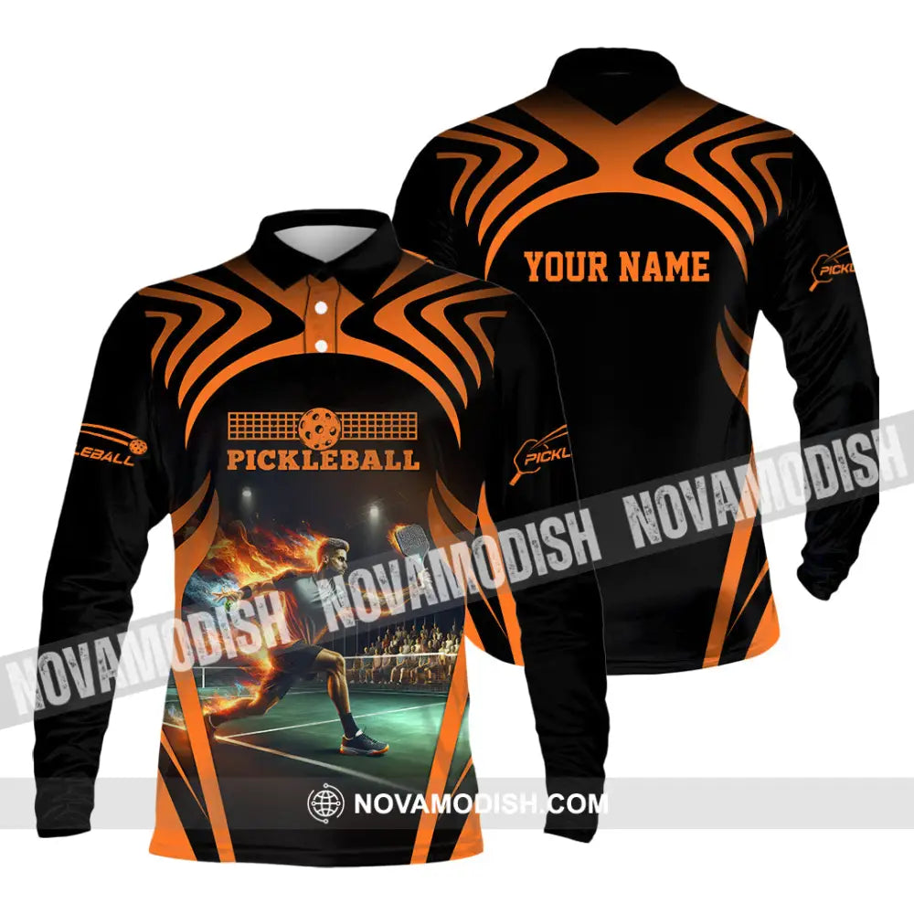 Unisex Shirt - Custom Name Pickleball Shirt Fire Playing Long Sleeve Polo / S T-shirt