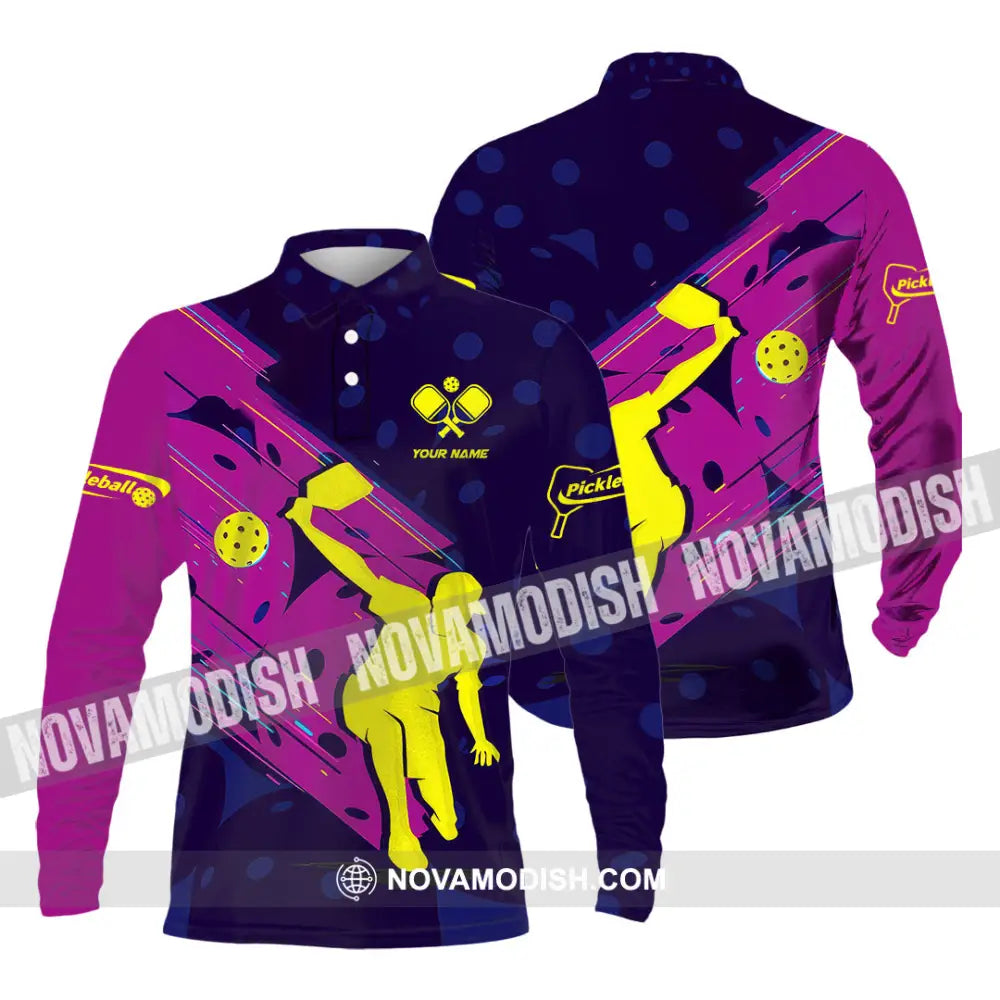 Unisex Shirt - Custom Name Pickleball Shirt Purple Yellow Long Sleeve Polo / S T-shirt