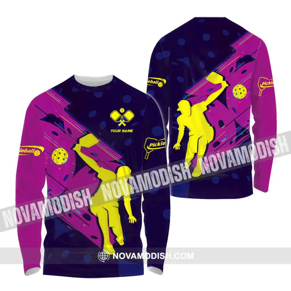 Unisex Shirt - Custom Name Pickleball Shirt Purple Yellow Long Sleeve Shirt / S T-shirt