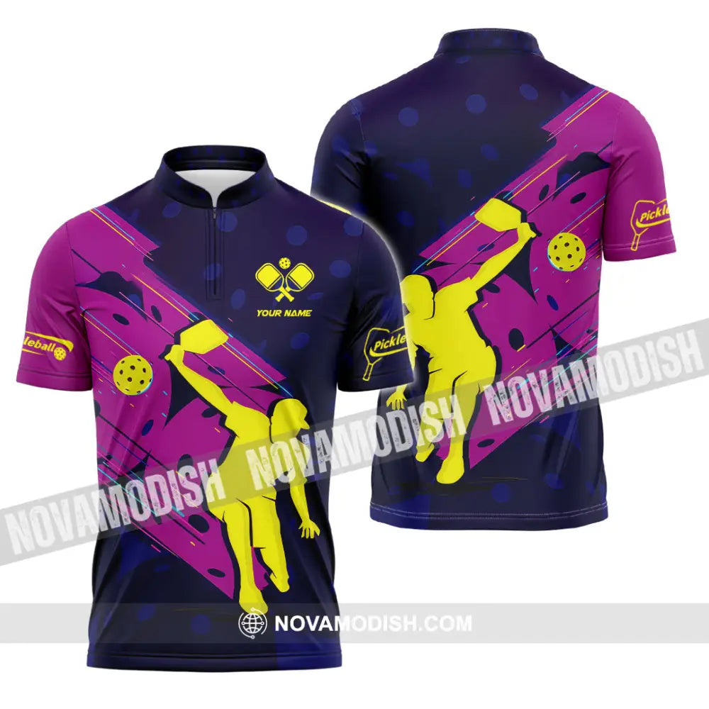 Unisex Shirt - Custom Name Pickleball Shirt Purple Yellow Zipper Polo Shirt / S T-shirt