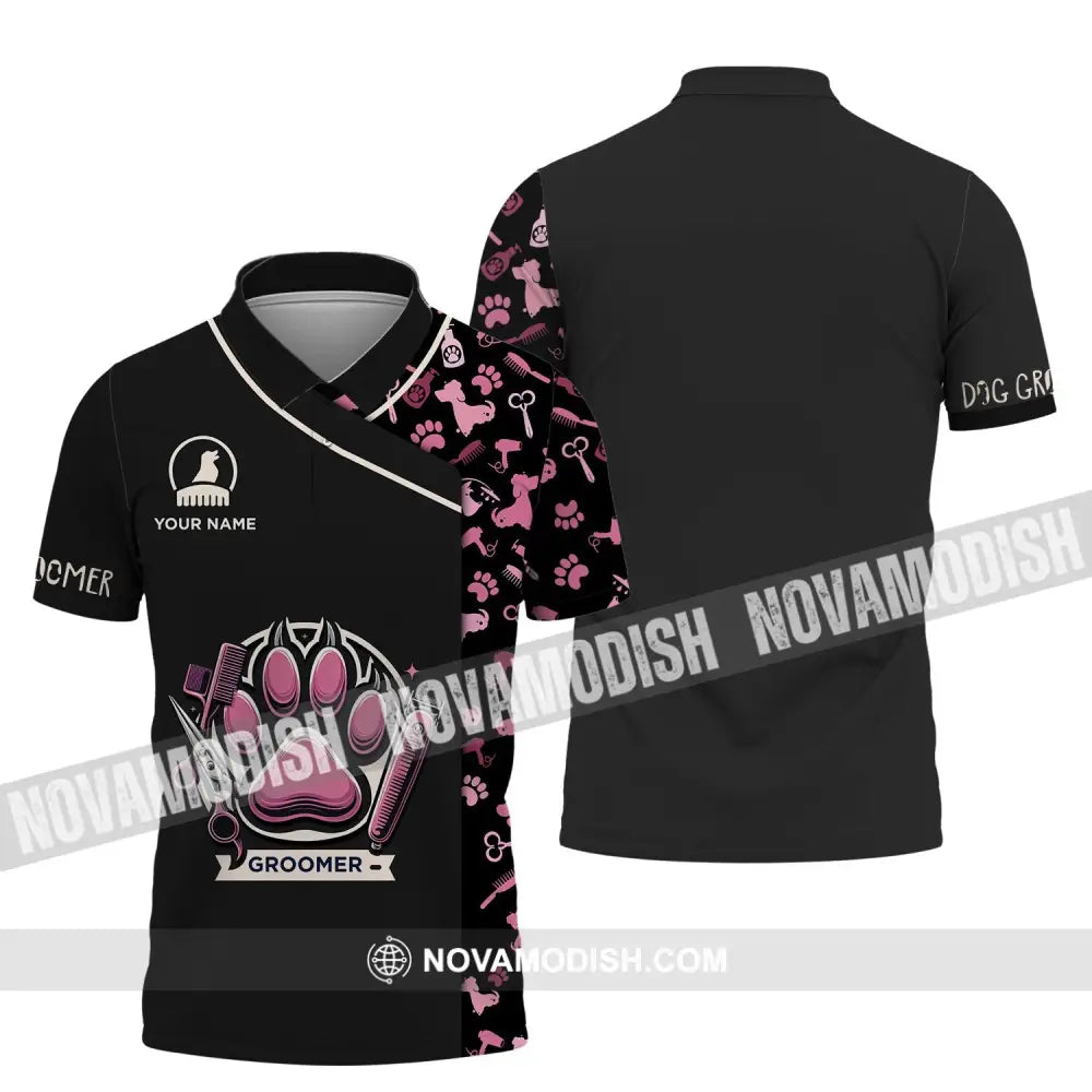Unisex Shirt - Custom Name Shirt Pink Paw Groomer Polo Shirt / S T-shirt