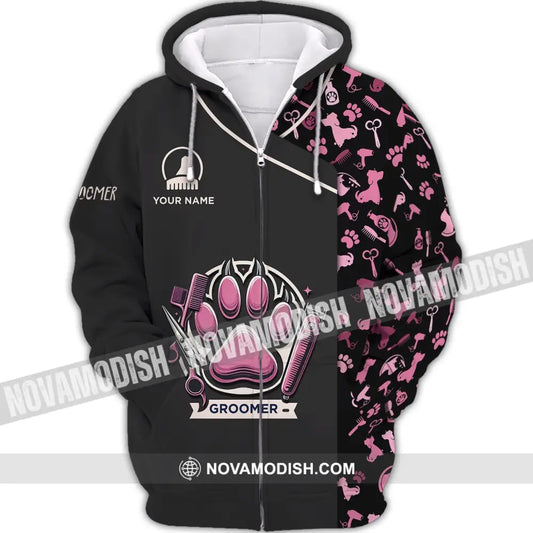 Unisex Shirt - Custom Name Shirt Pink Paw Groomer Zipper Hoodie / S T-shirt