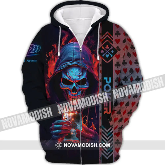 Unisex Shirt Custom Name Poker Skull T-Shirt Hoodie Gift Zipper / S