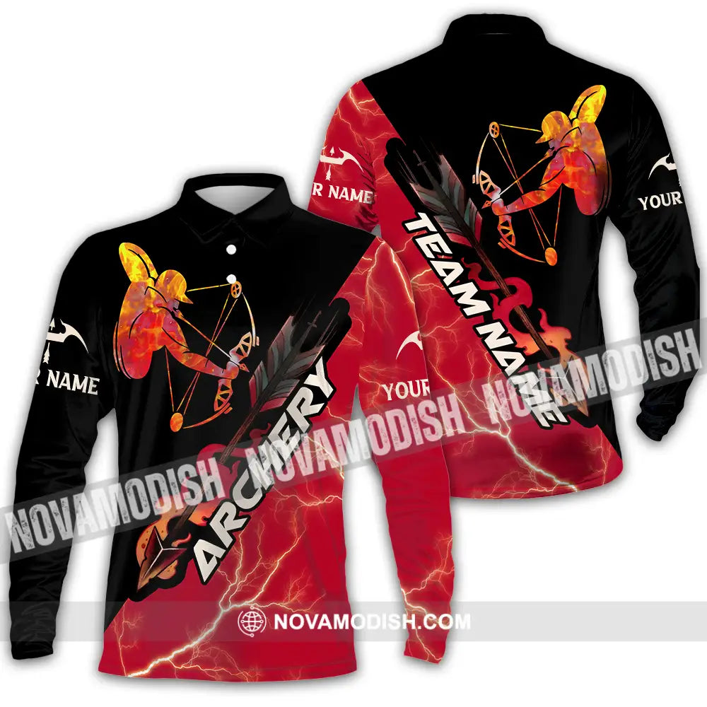 Unisex Shirt - Custom Name Red Fire Archery Shirt Long Sleeve Polo / S T-shirt
