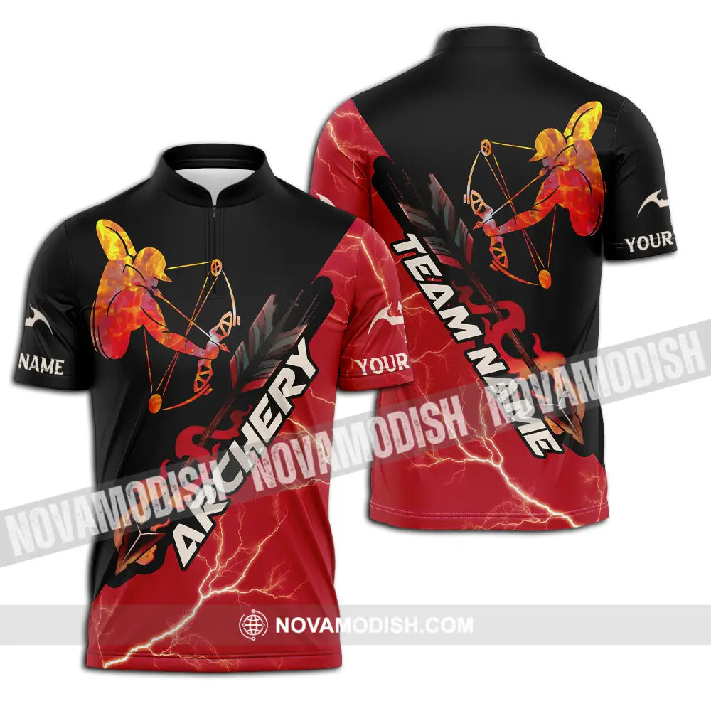 Unisex Shirt - Custom Name Red Fire Archery Shirt Zipper Polo Shirt / S T-shirt