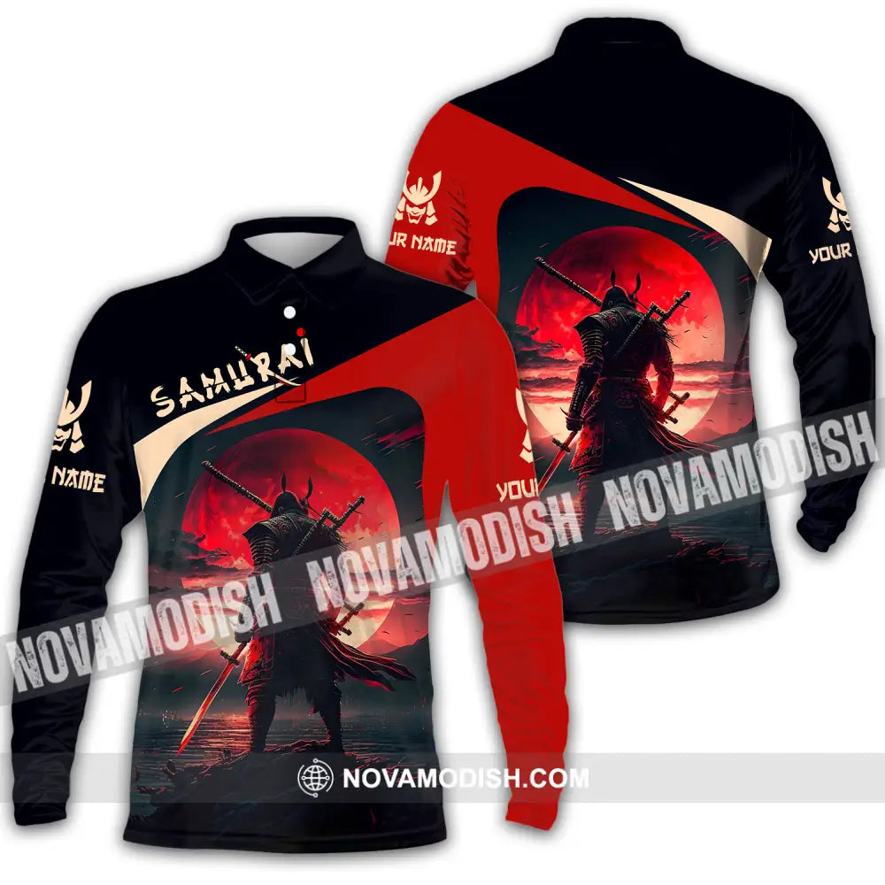 Unisex Shirt - Custom Name Samurai Red Black Shirt Long Sleeve Polo / S T-shirt