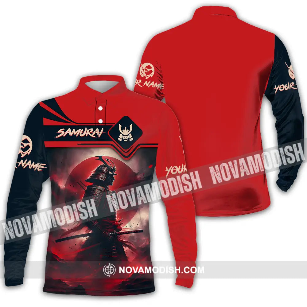 Unisex Shirt - Custom Name Samurai Shirt Red Moon Long Sleeve Polo / S T-shirt