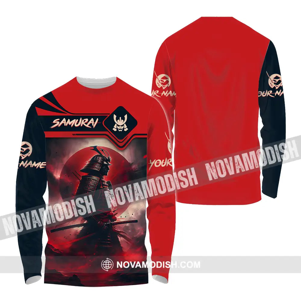 Unisex Shirt - Custom Name Samurai Shirt Red Moon Long Sleeve Shirt / S T-shirt