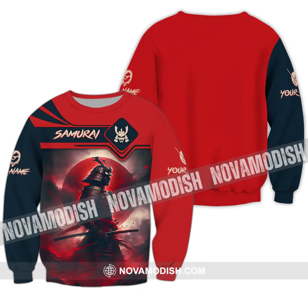 Unisex Shirt - Custom Name Samurai Shirt Red Moon Long Sleeve / S T-shirt