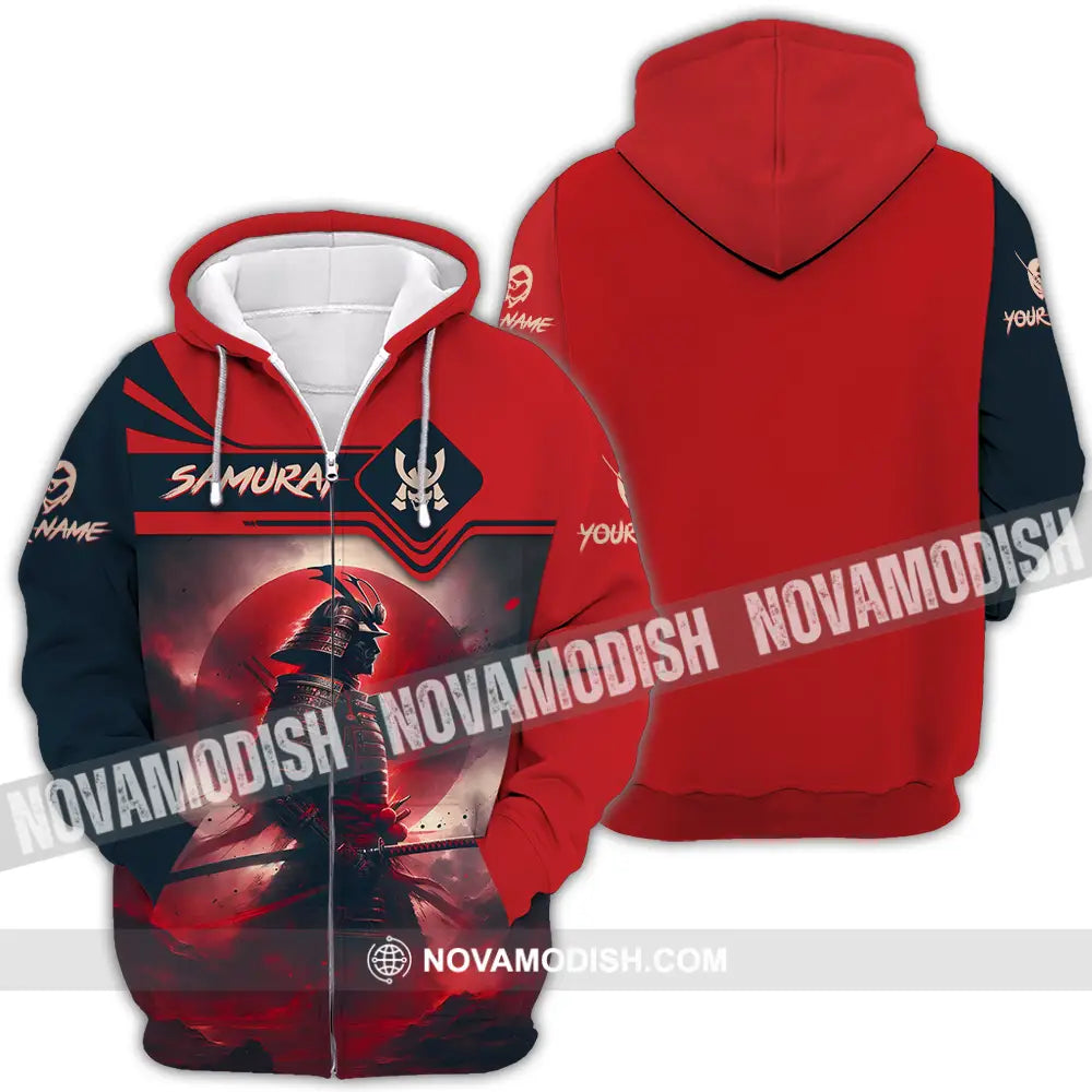 Unisex Shirt - Custom Name Samurai Shirt Red Moon Zipper Hoodie / S T-shirt