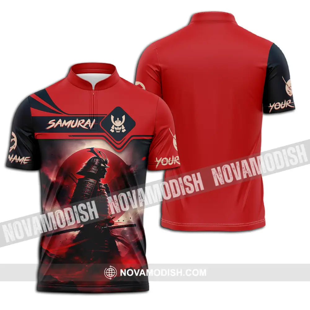 Unisex Shirt - Custom Name Samurai Shirt Red Moon Zipper Polo Shirt / S T-shirt