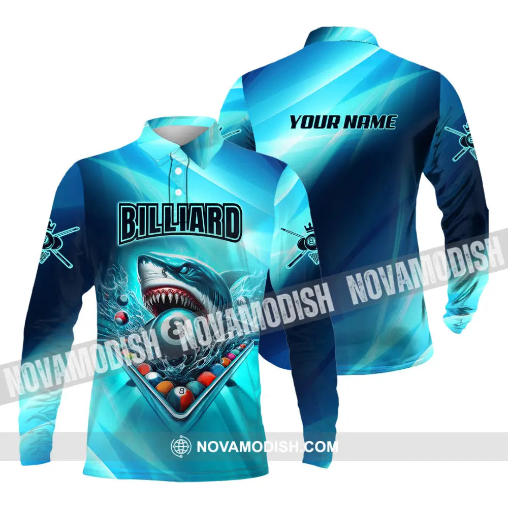 Unisex Shirt - Custom Name Shark Billiards Sport Shirt Long Sleeve Polo / S T-shirt