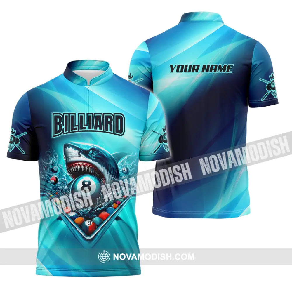 Unisex Shirt - Custom Name Shark Billiards Sport Shirt Zipper Polo Shirt / S T-shirt