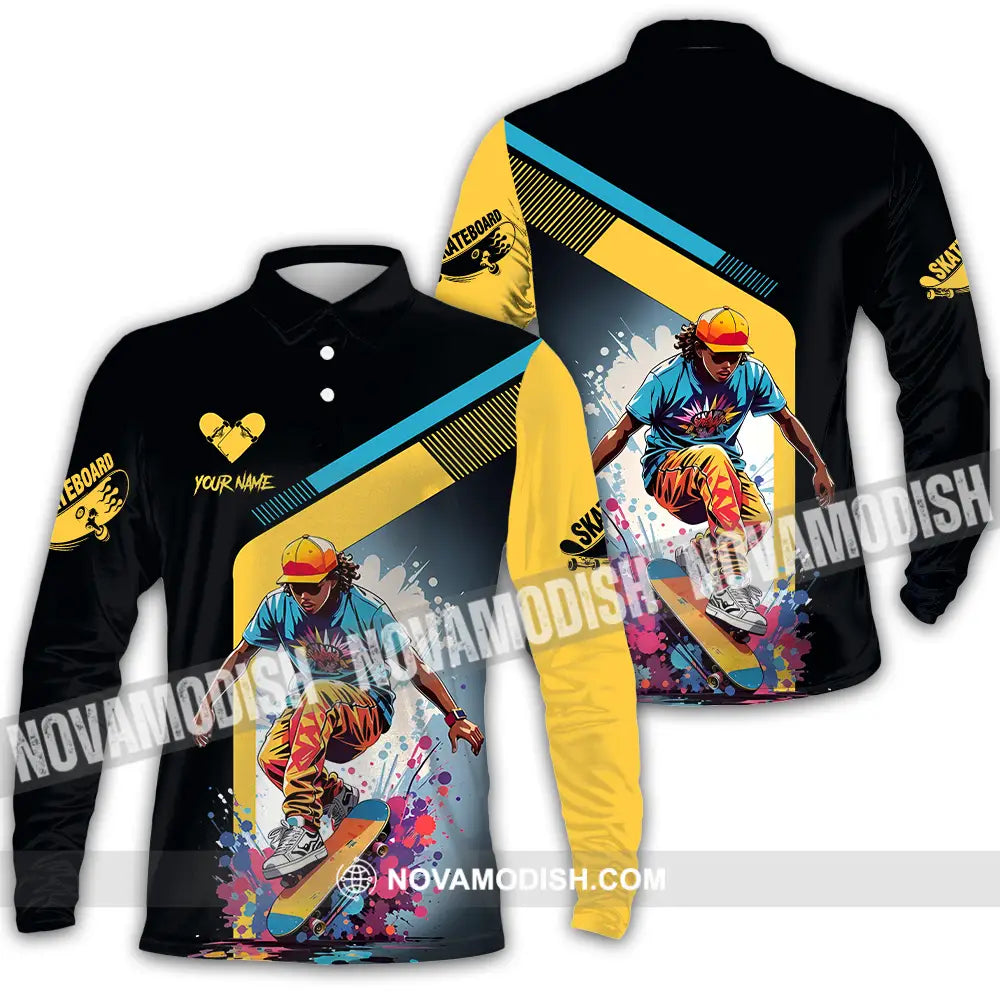 Unisex Shirt - Custom Name Skateboard Sport Shirt For Player Golden Heart Long Sleeve Polo / S T-shirt
