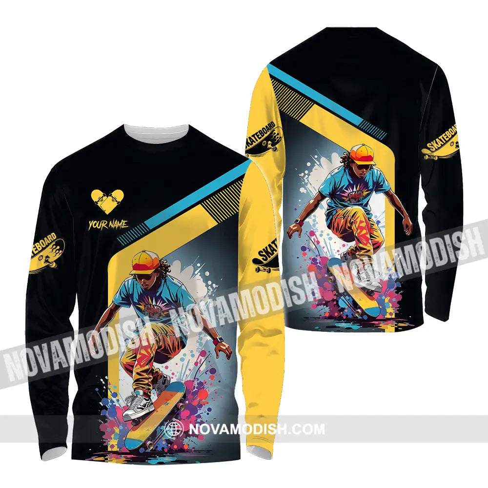 Unisex Shirt - Custom Name Skateboard Sport Shirt For Player Golden Heart Long Sleeve Shirt / S T-shirt