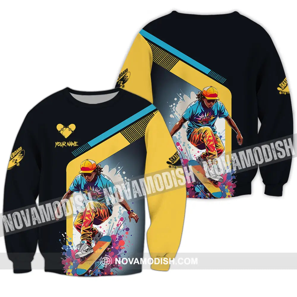 Unisex Shirt - Custom Name Skateboard Sport Shirt For Player Golden Heart Long Sleeve / S T-shirt