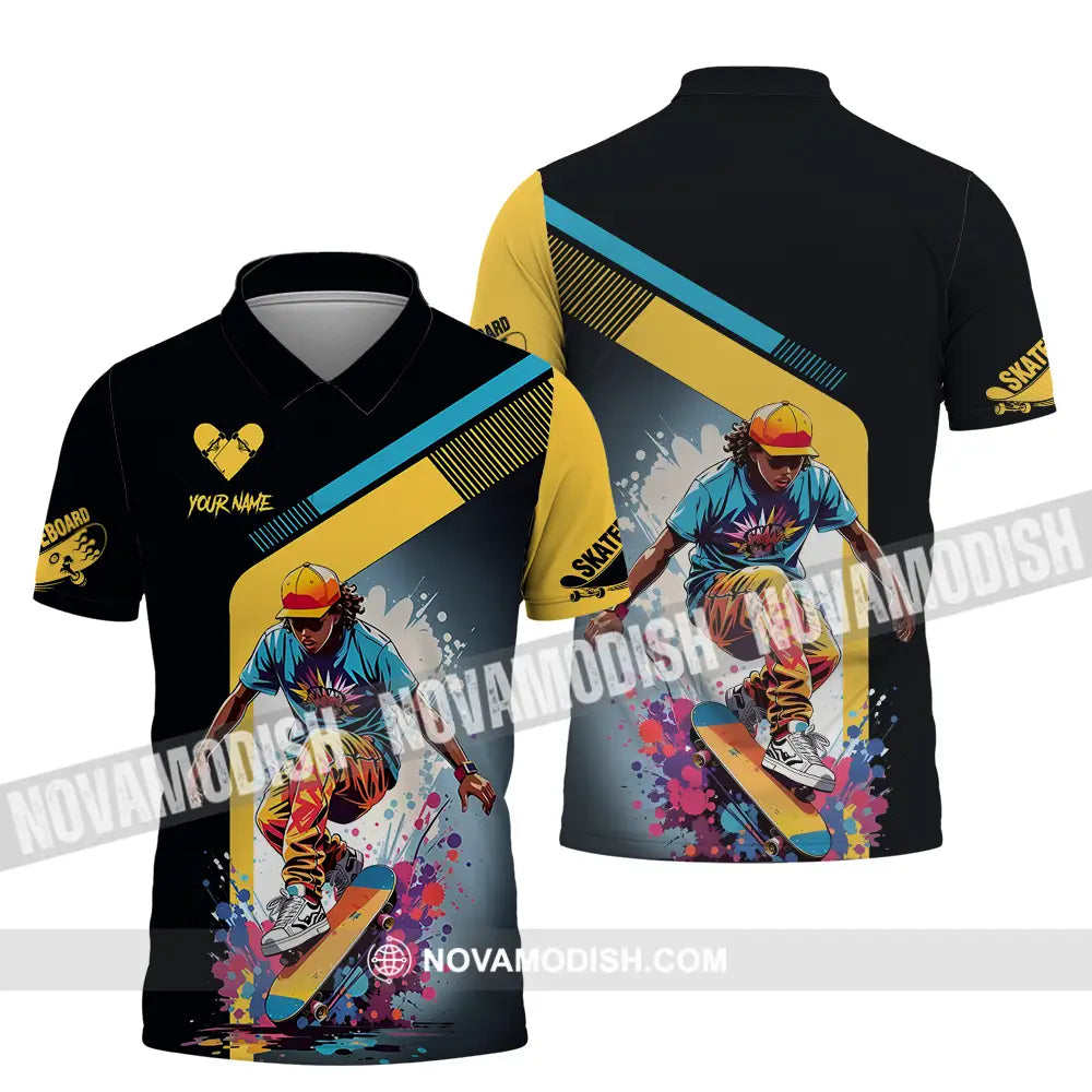 Unisex Shirt - Custom Name Skateboard Sport Shirt For Player Golden Heart Polo Shirt / S T-shirt