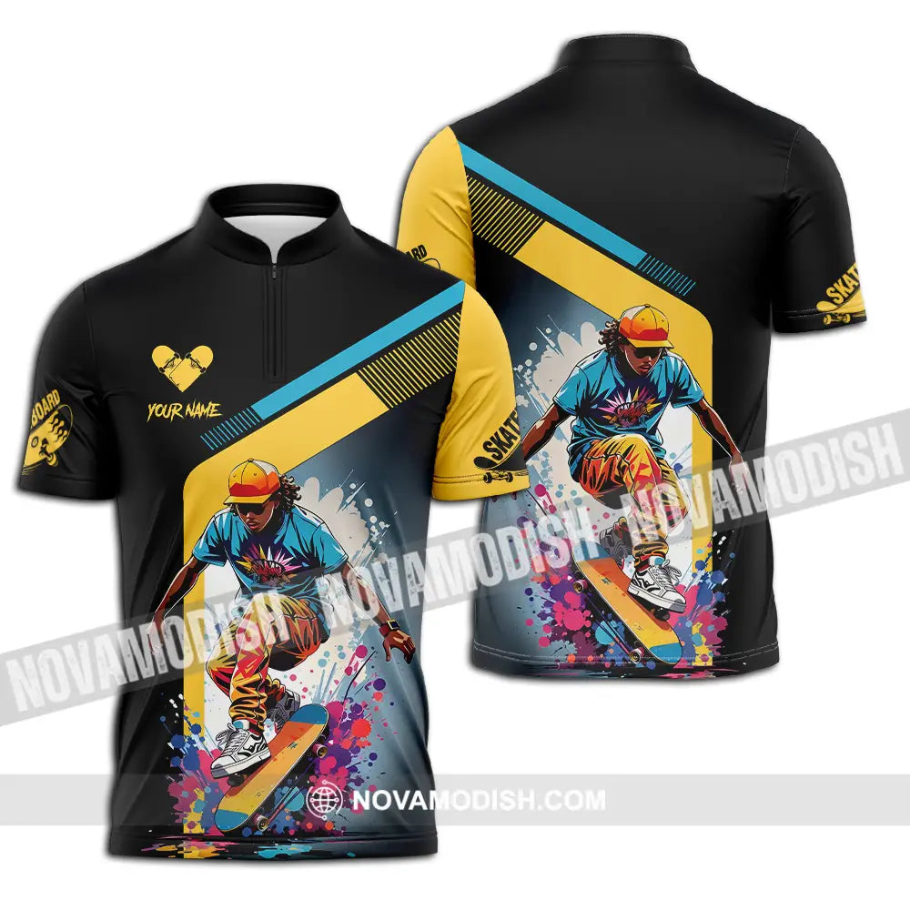 Unisex Shirt - Custom Name Skateboard Sport Shirt For Player Golden Heart Zipper Polo Shirt / S T-shirt