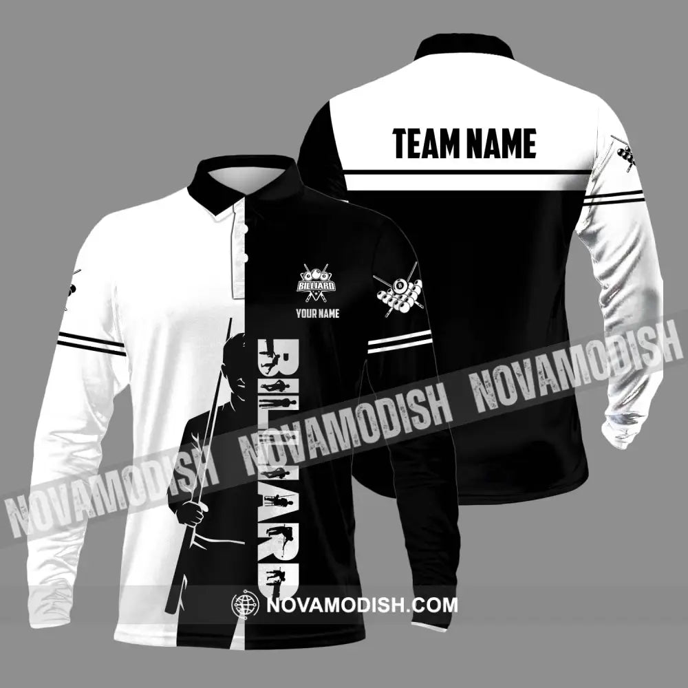 Unisex Shirt - Custom Name Sport Shirt Billiard Classic Black And White Long Sleeve Polo / S T-shirt