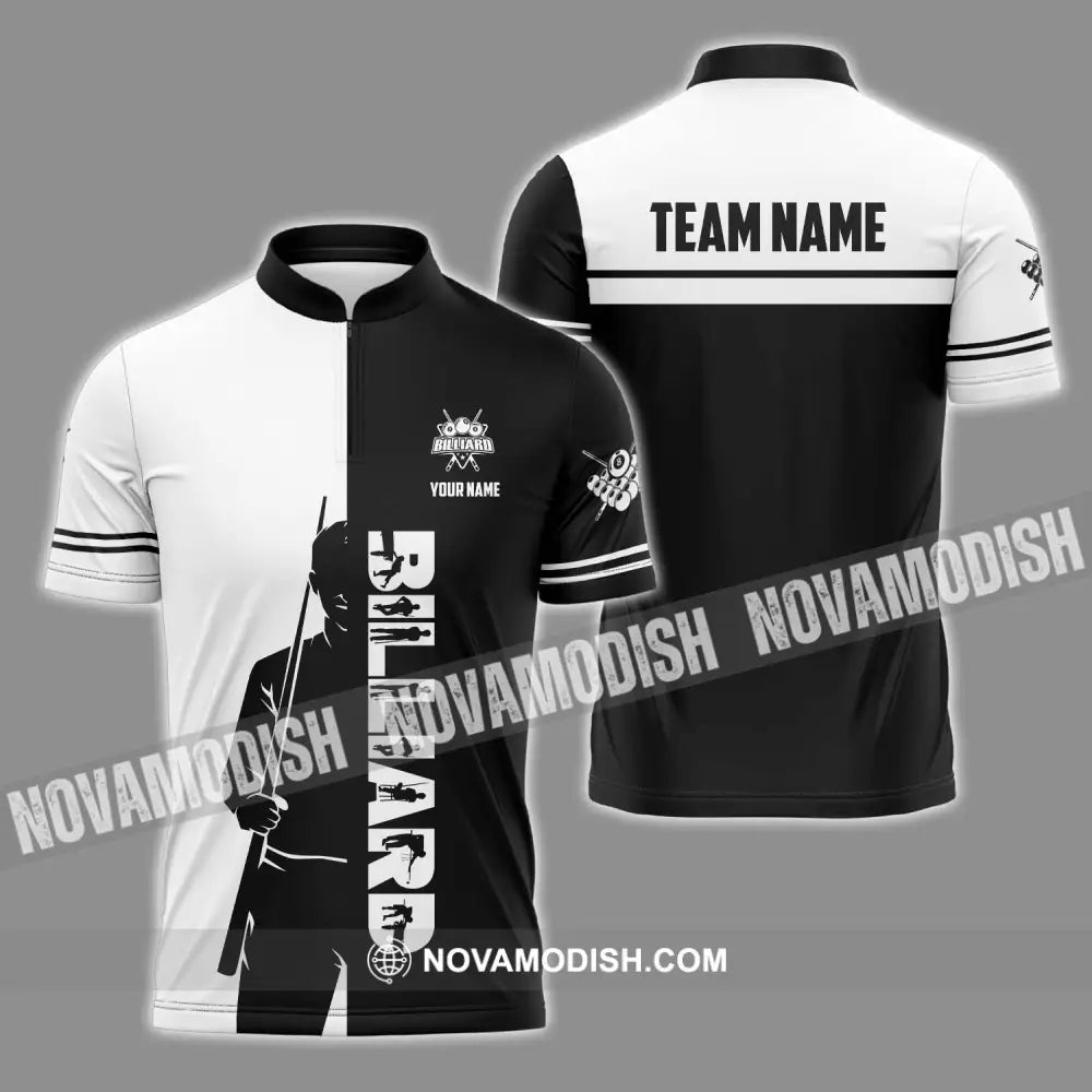Unisex Shirt - Custom Name Sport Shirt Billiard Classic Black And White Zipper Polo Shirt / S T-shirt