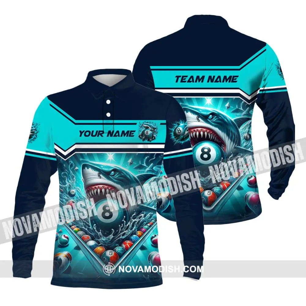 Unisex Shirt - Custom Name Sport Shirt Billiard Shark Long Sleeve Polo / S T-shirt