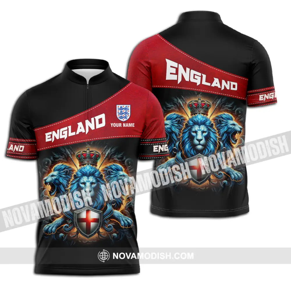 Unisex Shirt - Custom Name Sport Shirt England Three Lions Zipper Polo Shirt / S T-shirt