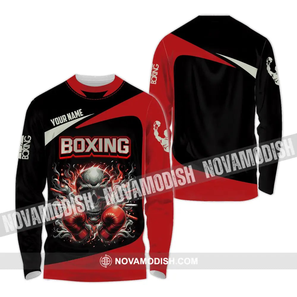 Unisex Shirt - Custom Name Sport Red Glove Boxing Skull Long Sleeve / S T-Shirt