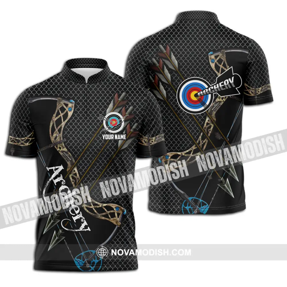 Unisex Shirt - Custom Name Sport Shirt Three Arrows Archery Zipper Polo Shirt / S T-shirt