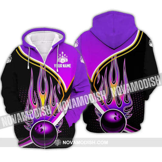 Unisex Shirt - Custom Name Shirt - Team Name Shirt Purple Bowling Ball Fire Zipper Hoodie / S T-shirt